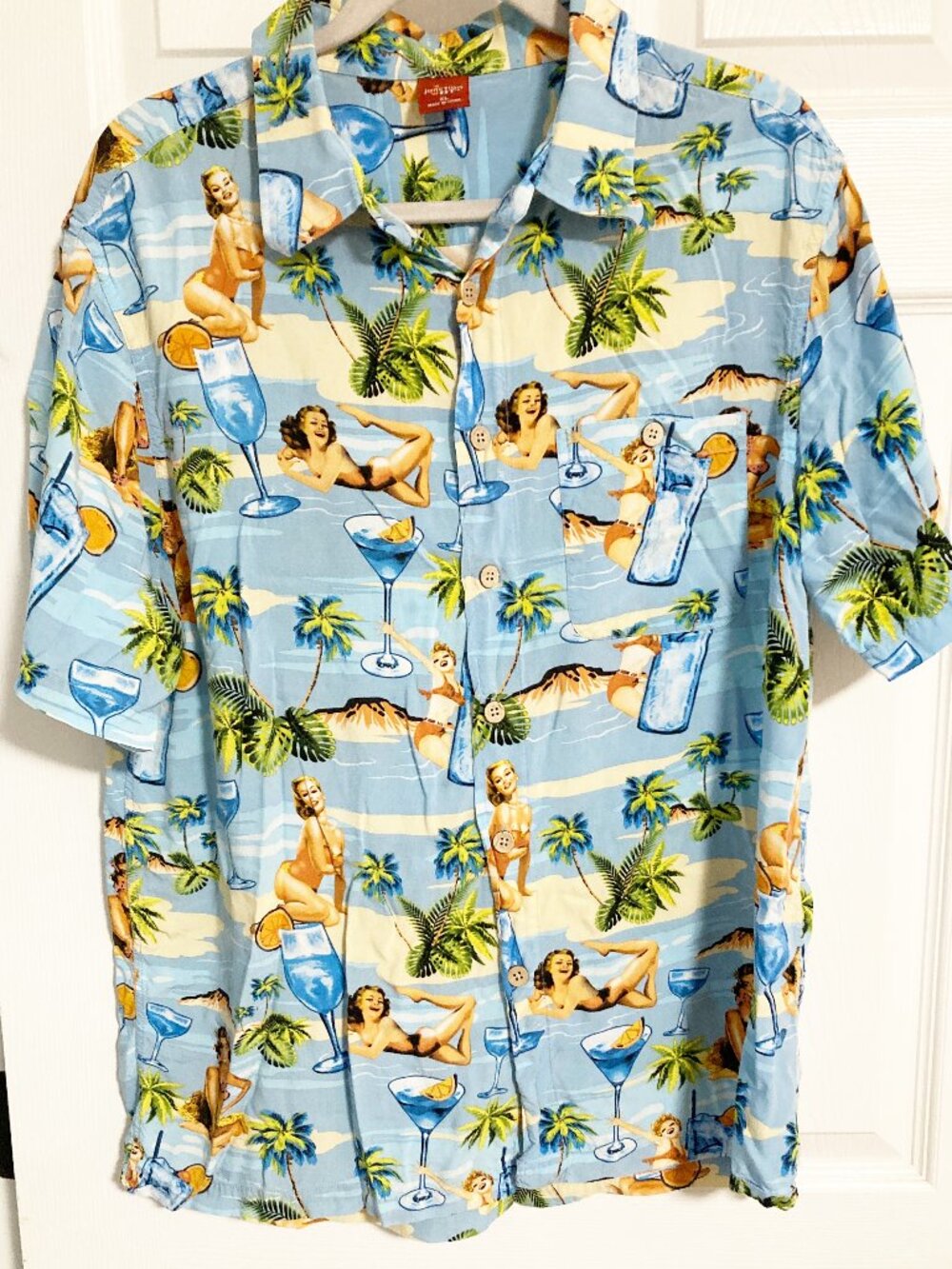 Junction West Pin Up Girl Hawaiian Shirt Cocktails Palm Trees Blue XL